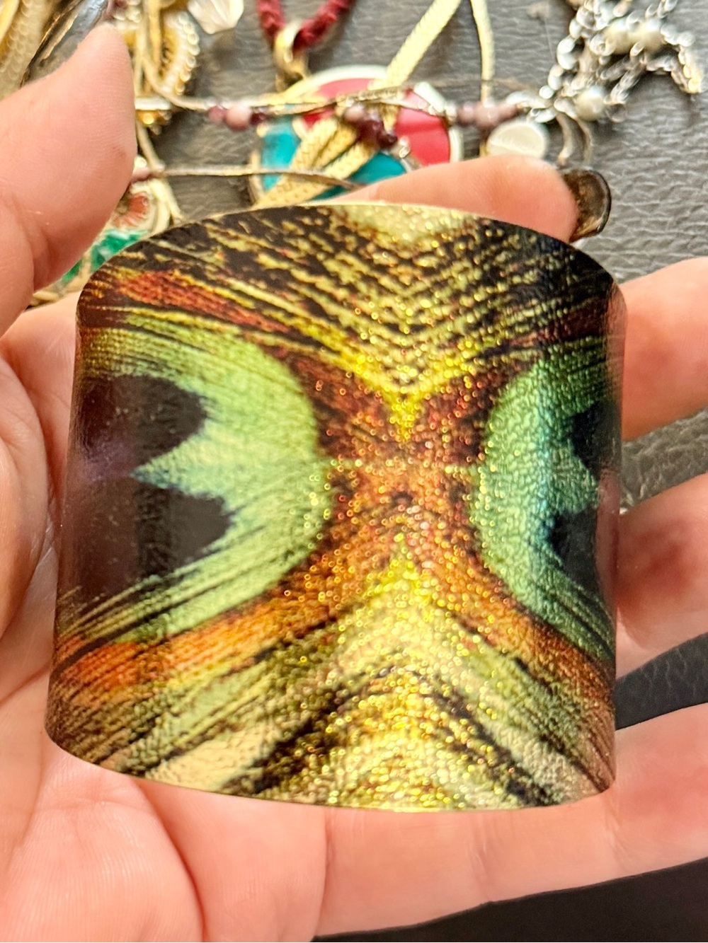 Peacock Feather Wide Cuff Bracelet Boho Chic Festival Statement Jewelry